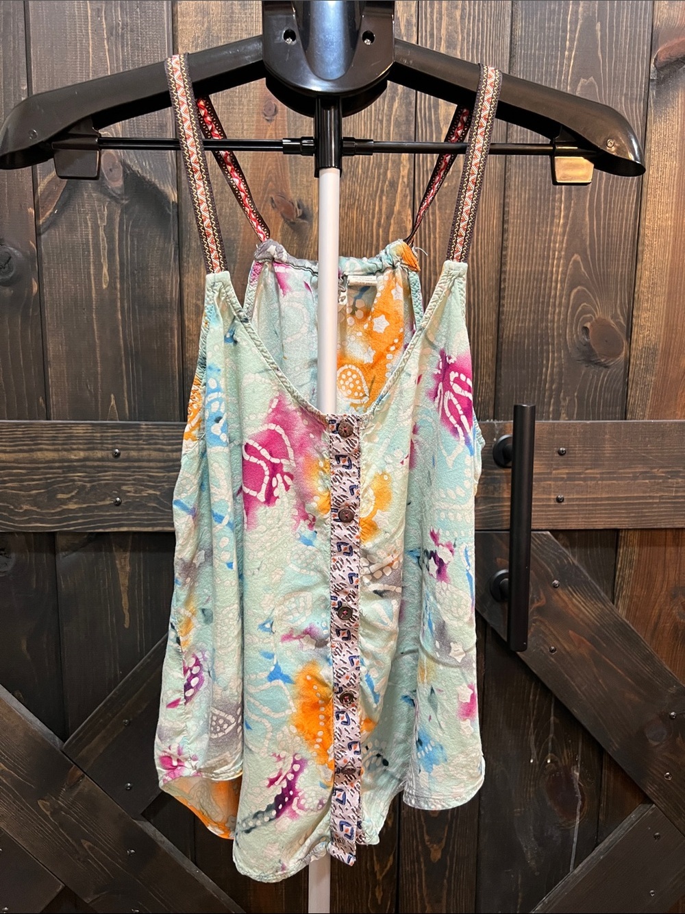 BKE Blue Floral Tank Top M Ribbon Straps Watercolor Artsy Boho Flowy Festival